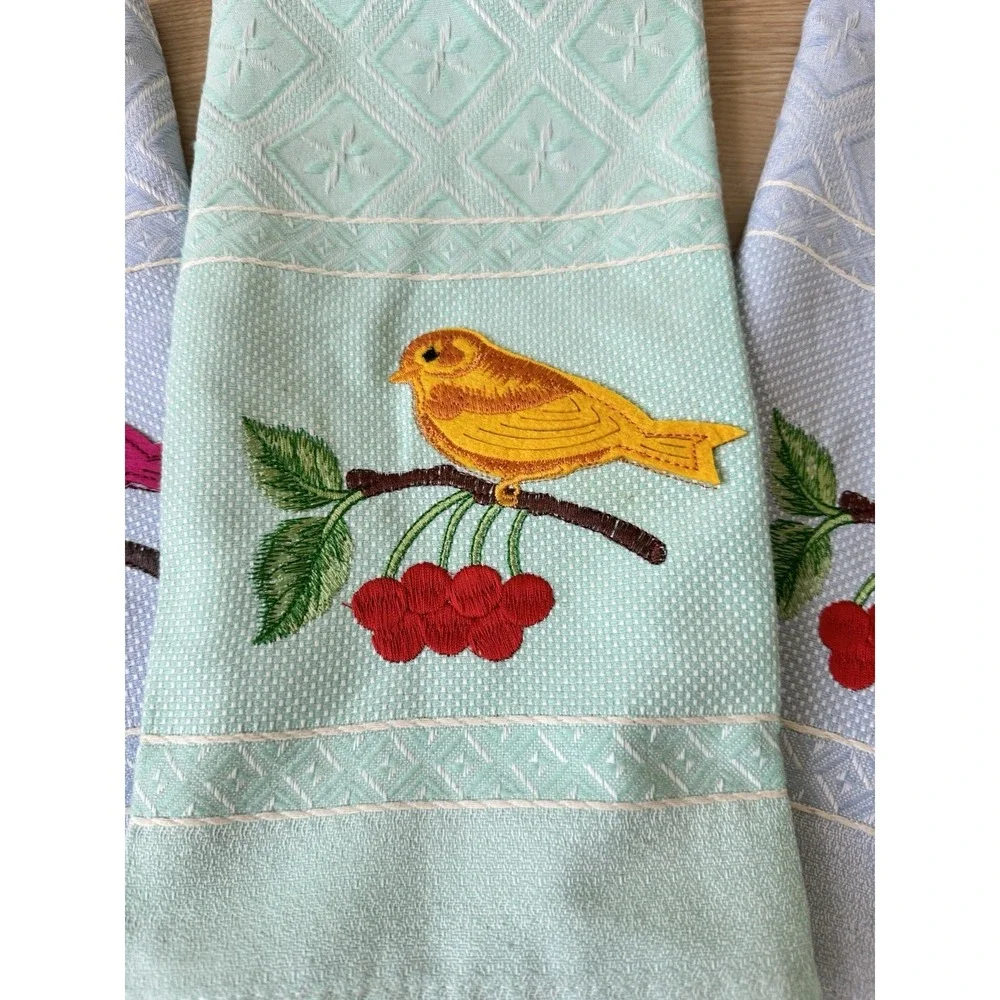 Embroidered Bird Cherry Guest Towels Set 3 Made Portugal Cotton